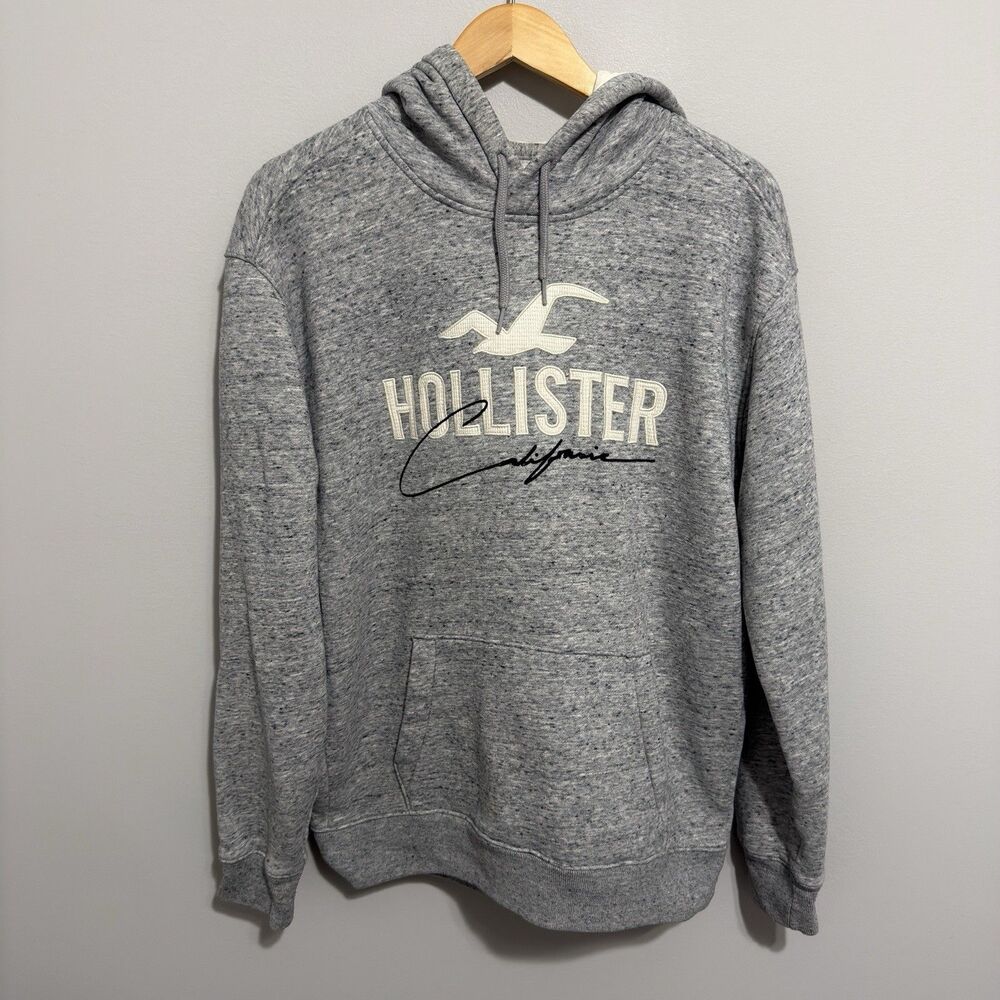 Hollister Mens Logo Hoodie Grey Marl Pullover Fleece Sweatshirt Medium Y2K